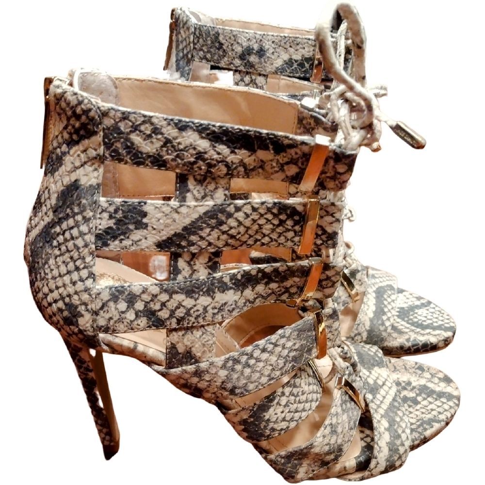 Vince Camuto Snakeskin Print Gladiator Heels With Zipper, 6.5M, Black/White/Tan